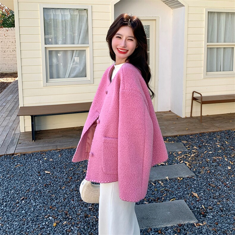 现货玫红色羊羔毛外套2C007-177-P195-k288,女装棉衣/棉服,2C007