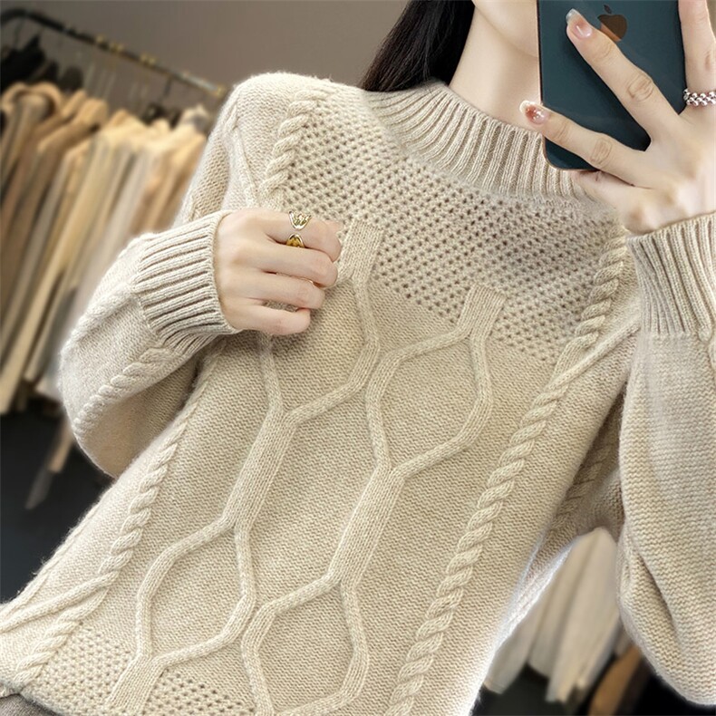时尚百搭女士羊毛衫羊毛半高领毛衣显瘦保暖针织衫，女装羊毛衫，开创羊绒
