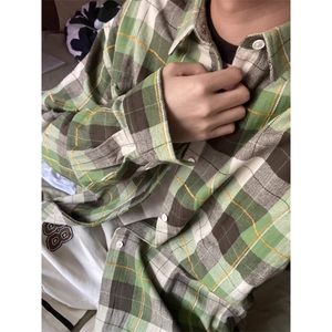叁佰同款 绿色 牛油果衬衫大码格子衬衫男长袖CS88-P39图片