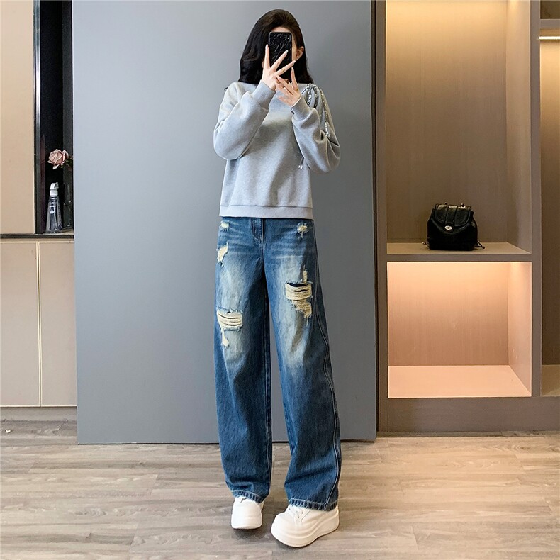 高级感时尚潮流套装女春新款修身显瘦圆领刺绣上衣牛仔长裤两件套,女装套装/套裙,江南
