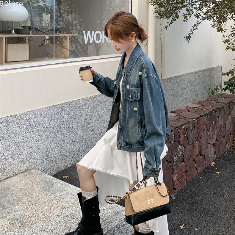 2025秋季新款韩版宽松水洗复古破洞中长款牛仔外套上衣女街拍显瘦,女装短外套,2C253