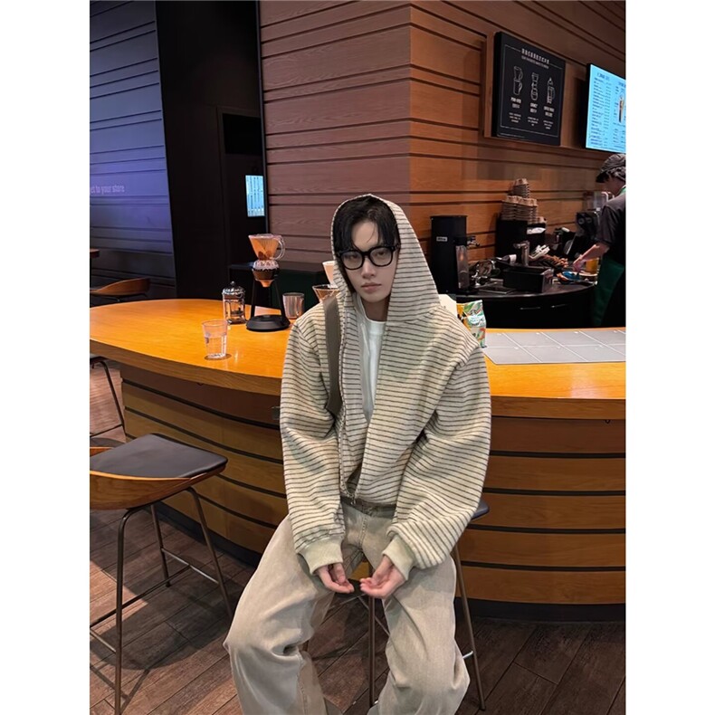 W581-P88男女同款条纹绒感复合日系时尚新款慵懒潮流开衫卫衣,男装卫衣,星座911-1