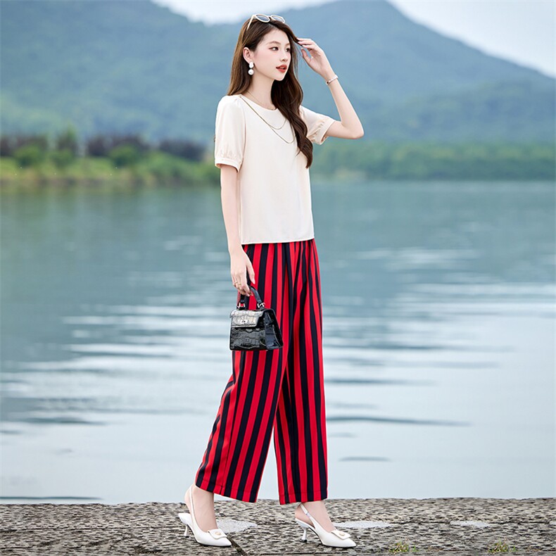 欧货漂亮时尚套装女2024夏气质名媛爆款修身高腰条纹阔腿裤两件套,女装套装/套裙,韩美纤衣