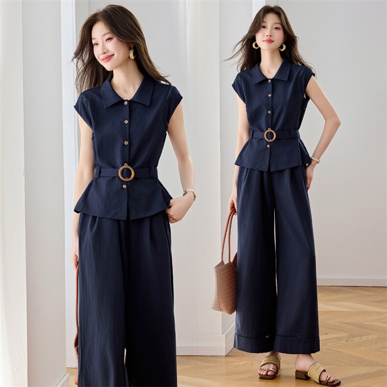 休闲时尚套装女夏季新款气质收腰无袖上衣阔腿裤两件套，女装套装/套裙，诺蝶