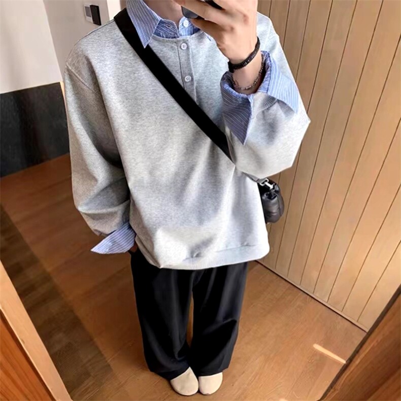 抖音得物高品质26春装美式高街假两件衬衫领长袖卫衣POLO领打底衫,男装T恤,电商A486-1