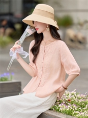 重工苎麻刺绣小衫女2026夏季新款洋气百搭休闲减龄上衣衬衫，女装衬衫，余墨