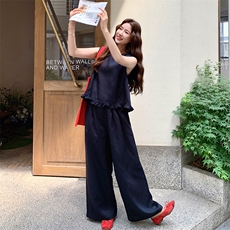 深蓝色慵懒风时尚套装女2025夏新款韩系花边圆领背心阔腿裤两件套，女装套装/套裙，2C085
