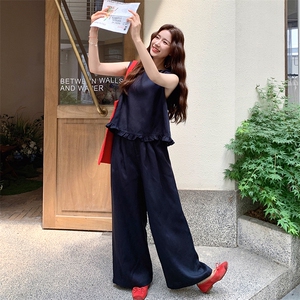 深蓝色慵懒风时尚套装女2025夏新款韩系花边圆领背心阔腿裤两件套图片
