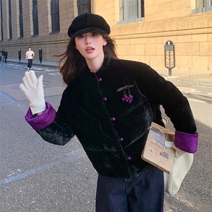 现货！（90新标带检）丝绒料新中式短款立领加厚保暖气质羽绒服女图片