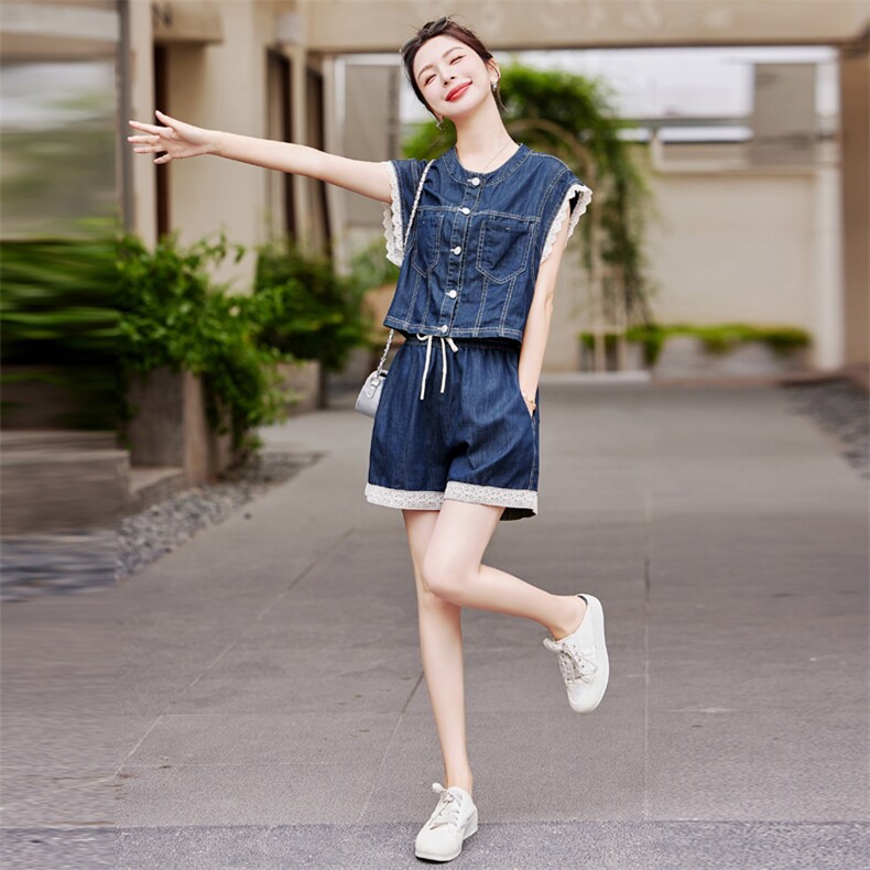 韩版牛仔短裤套装女2025夏季新款小众气质条纹吊带马甲外套三件套,女装套装/套裙,瑶迪