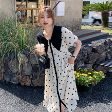宽松慵懒风娃娃领波点连衣裙女春夏2025新款大码胖mm减龄显瘦长裙，女装连衣裙，2C090