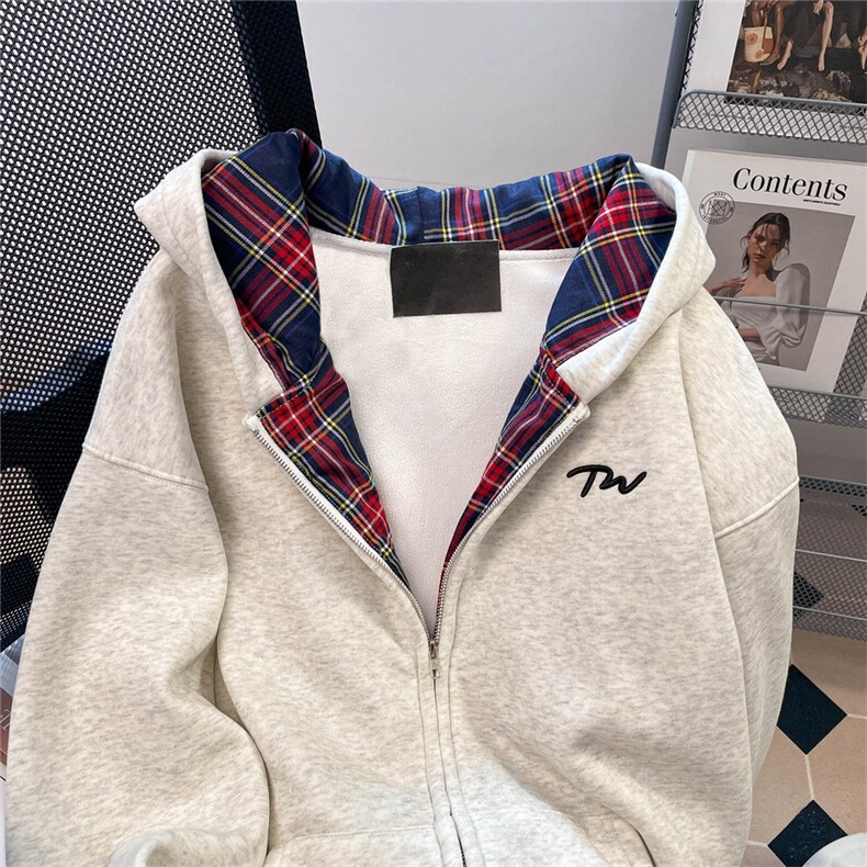美式格子装饰基础款开衫拉链卫衣外套加绒秋冬连帽上衣WY01P58,女装短外套,星座1013-5