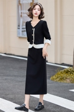 现货法式套装女2024年秋季新款女时尚气质撞色短外套半身裙两件套，女装套装/套裙，冬木谷雨