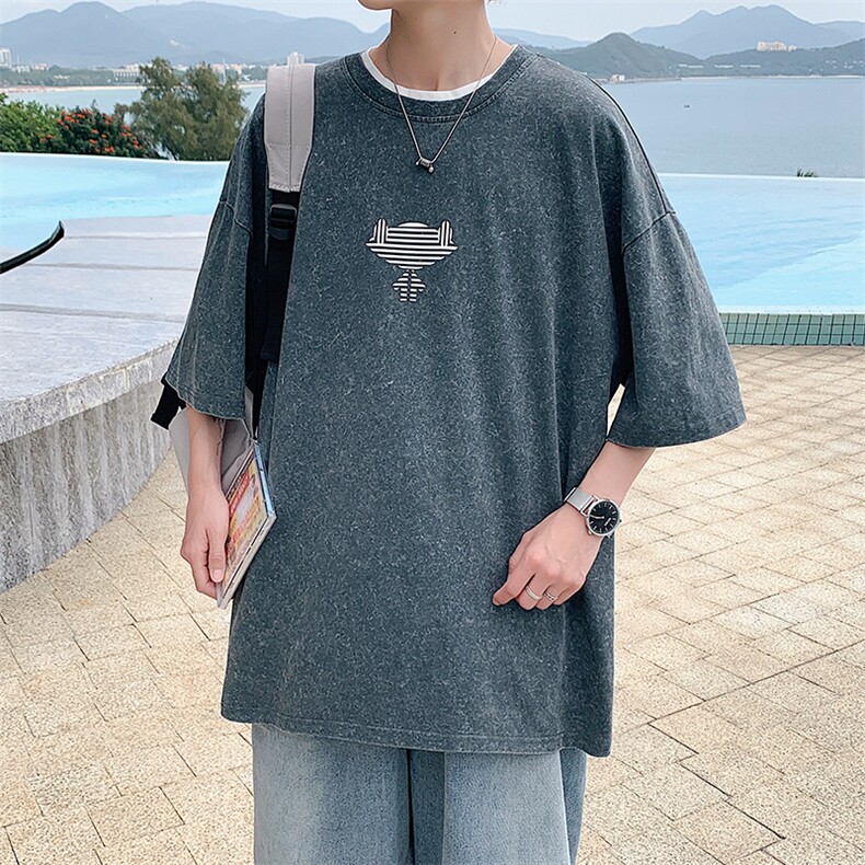 抖音得物供货日系港风复古水洗纯棉时尚T恤短袖1522-P50控价68,男装T恤,电商A441-1
