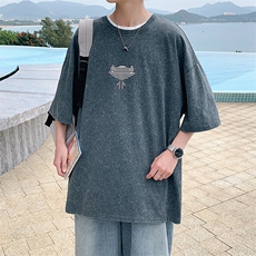 抖音得物供货日系港风复古水洗纯棉时尚T恤短袖1522-P50控价68，男装T恤，电商A441-1