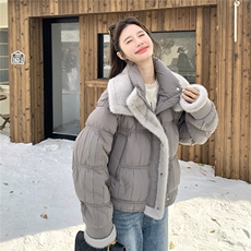 灰色短款泡芙羽绒服女2025冬季高级感毛毛拼接保暖90白鸭绒厚外套，女装羽绒服，慧尚依恋