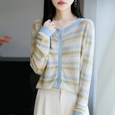 拼色圆领精纺羊毛开衫女镂空条纹针织衫毛衣宽松休闲长袖外套上衣，女装针织衫/毛衣，唐诺