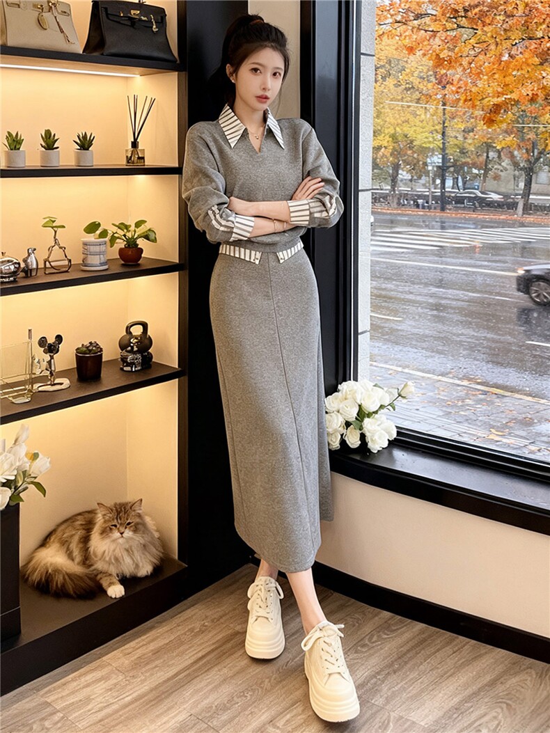 高端轻奢撞色拼接衬衫领卫衣套装女秋季新款时尚休闲半身裙两件套,女装套装/套裙,江南