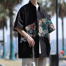花衬衫夏季男士潮流刺绣休闲短袖衬衣上衣服外套CS0202-P45，男装衬衫，星座308B-2