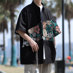 花衬衫夏季男士潮流刺绣休闲短袖衬衣上衣服外套CS0202-P45,红色背景搭配什么颜色衣服图片