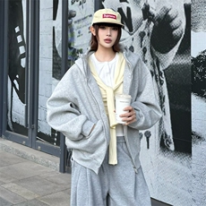 抖音得物高品质26春装美式高街重磅宽松结构高领连帽卫衣外套W60，女装短外套，电商A486