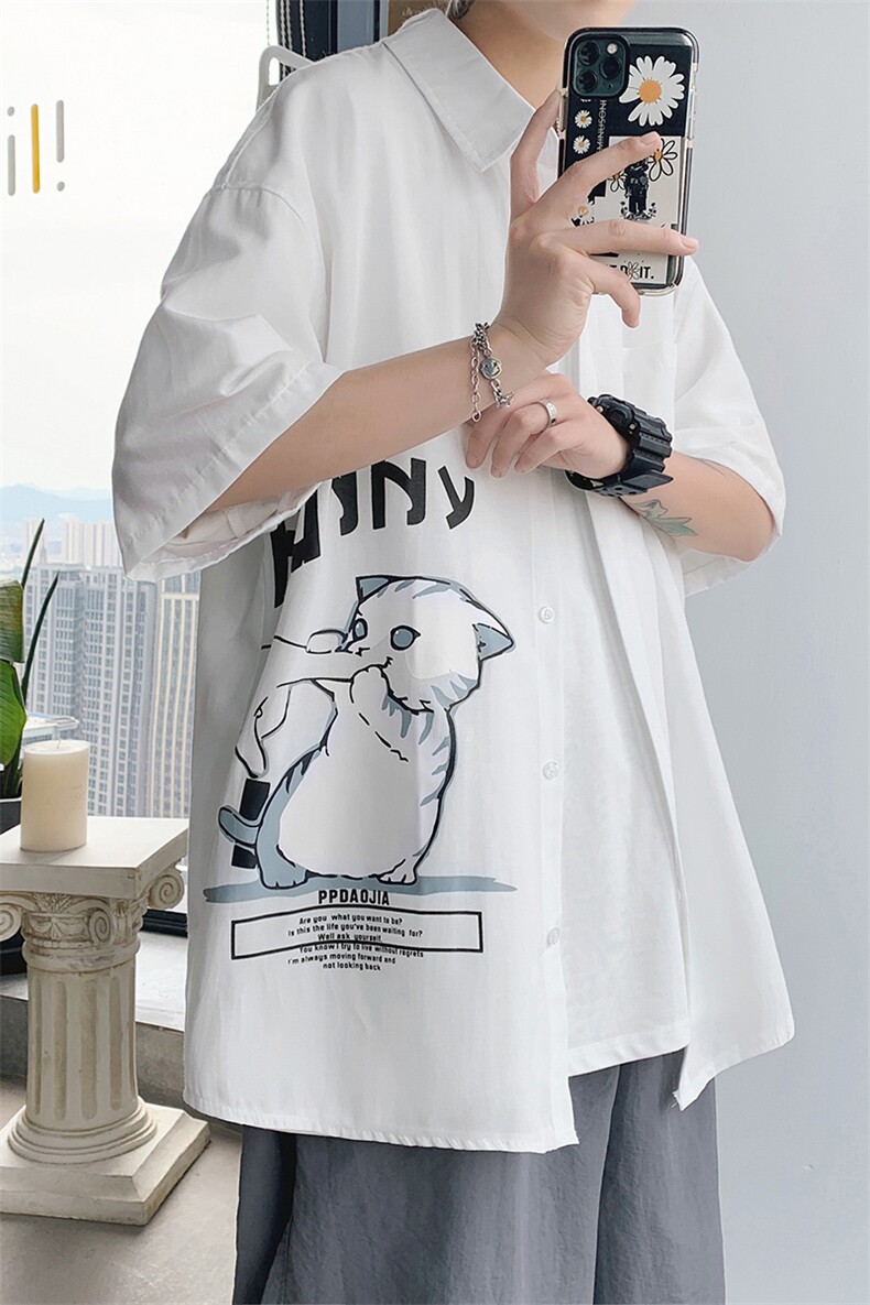 2021夏季新款港风模特已注册猫咪印花宽松短袖衬衫C3003-P35,男装衬衫,电商A001