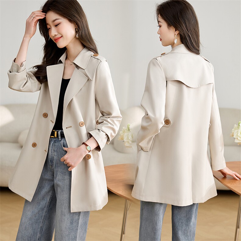 高级感米色风衣外套女2025春季新款时尚中长款双排扣宽松休闲大衣，女装风衣，姿衣坊