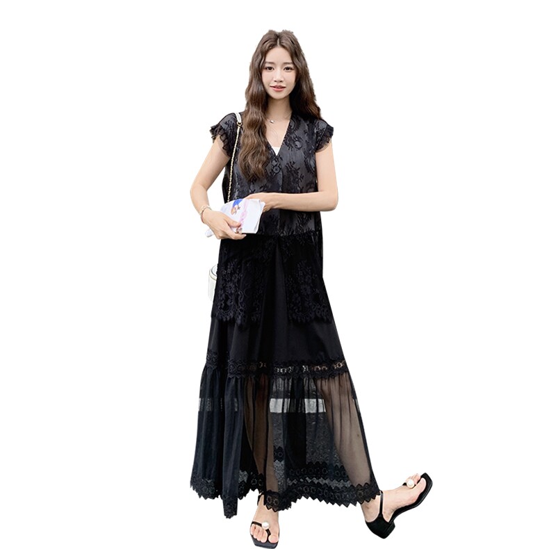 法式提花马甲蕾丝半身裙两件套女2025夏季新款网纱拼接裙子套装,女装套装/套裙,1D066-1