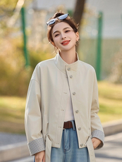 现货宽松拼色格子立领短外套女，女装短外套，韩蔻秀