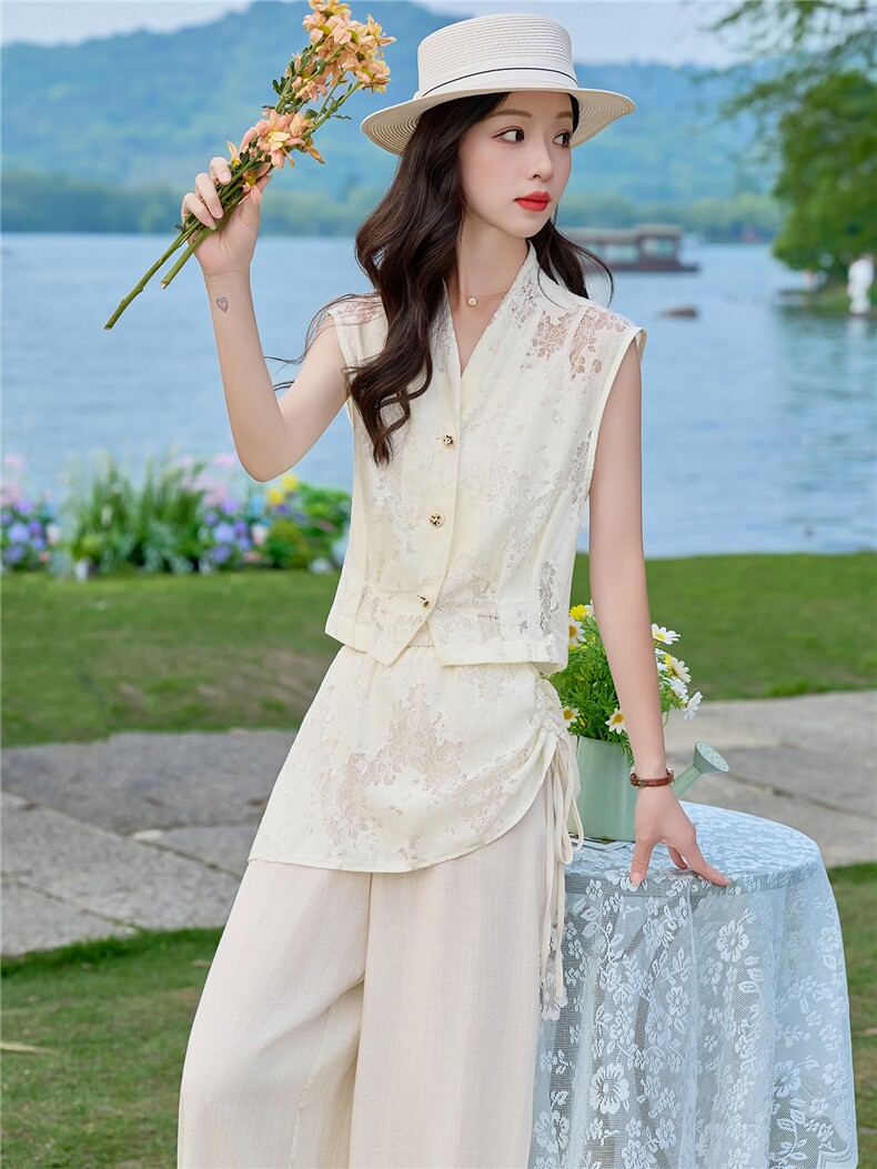 （新款现货）2026夏装潮流V领蕾丝上衣+屁帘棉麻阔腿裤套装两件套,女装套装/套裙,印象茜