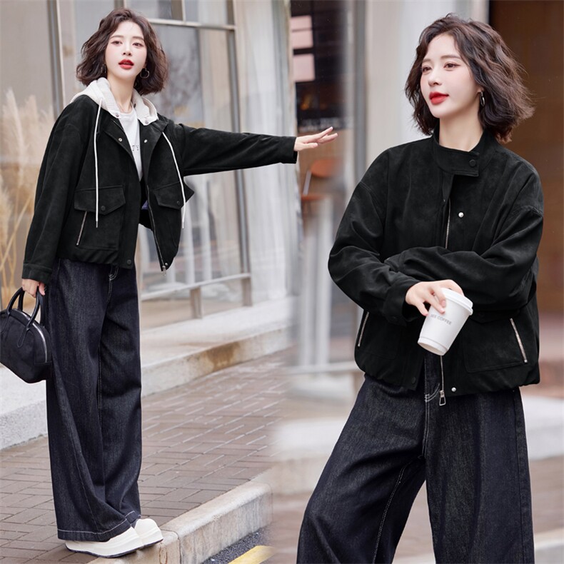 可拆卸针织连帽加绒加厚短外套女2024秋冬新款宽松休闲保暖小棉服,女装皮衣,靓星雨