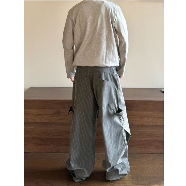 慵懒随性松弛条纹撞色低腰西装裤宽松阔腿显瘦直筒长裤,男装西服套装,星座506A