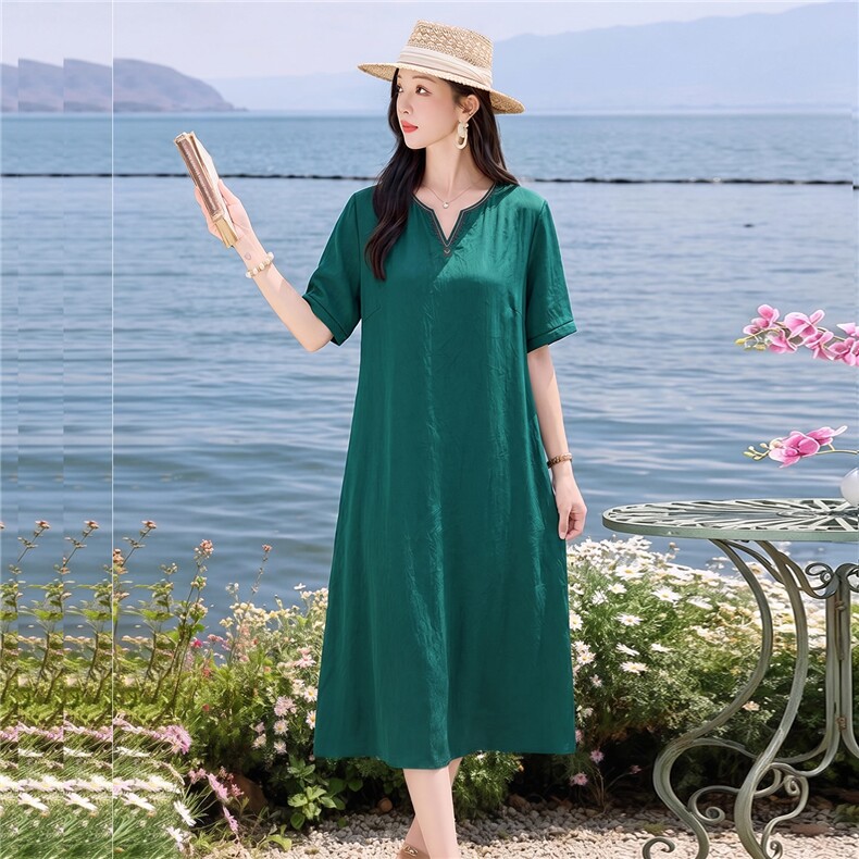 现货秒发刺绣洋气高端裙气质连衣裙夏季新款宽松口袋中长裙女,女装连衣裙,韩蔻秀