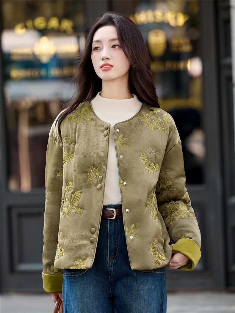 2025冬装新款优雅刺绣轻薄棉衣,女装棉衣/棉服,伊仟回