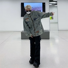 美式复古水洗牛仔外套男春秋2024新款潮牌宽松休闲刺绣立领机车服，男装夹克，星座716-2