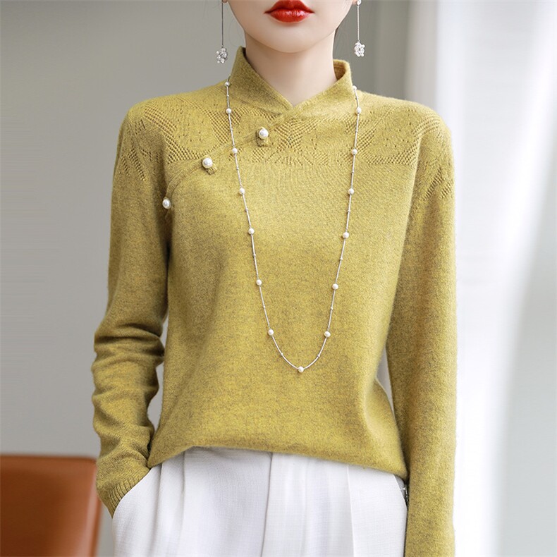 羊毛复古气质优雅旗袍立领镂空珍珠扣毛衣DYYY2310790，女装羊毛衫，越洋羊