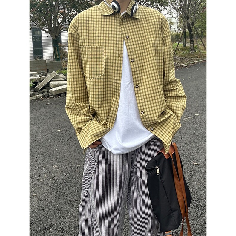 春季长袖休闲衬衣外套男休闲日系复古格子衬衫CS281-P40,男装衬衫,星座301C-5