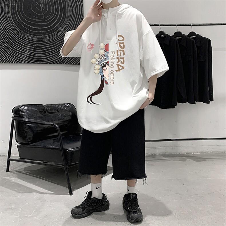 LD54161-P45连帽短袖t恤男大码胖子带帽五分袖中袖大皂风,男装T恤,电商A040