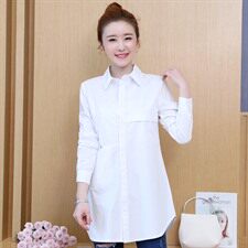 排多扣POLO领纯色衬衫2021年春季长袖中长款时尚修身显瘦淑女，女装衬衫，依恋蒂丝