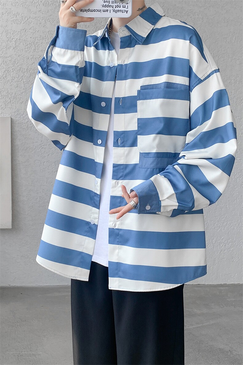 衬衫男士秋季新款港风宽松条纹长袖大码衬衣CS028-P45,男装衬衫,星座214-3