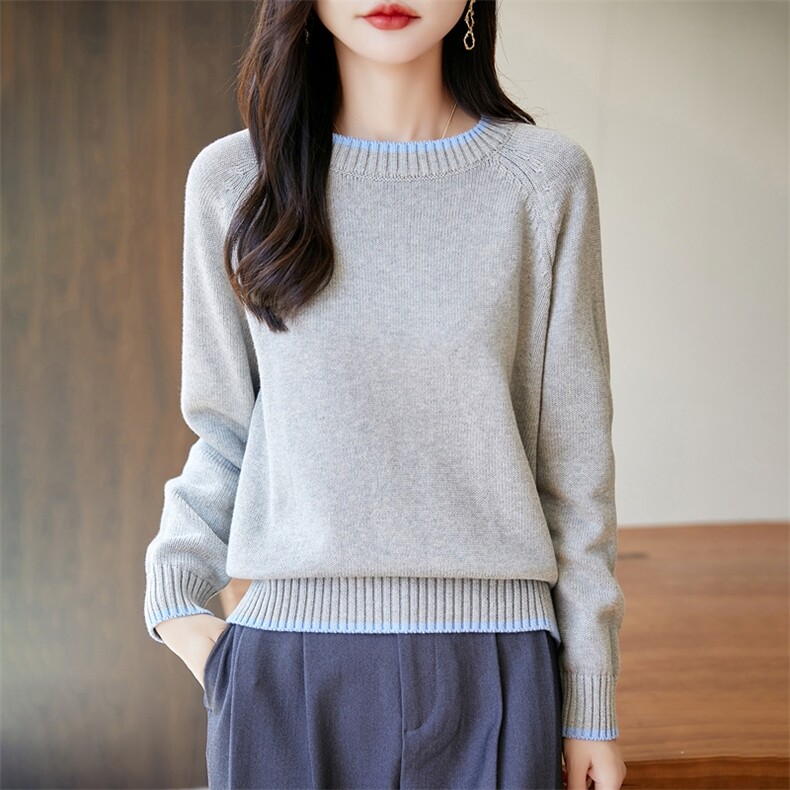 法式撞色100纯棉针织打底衫女2025秋冬新款重磅加厚针织保暖毛衣，女装针织衫/毛衣，长今羊