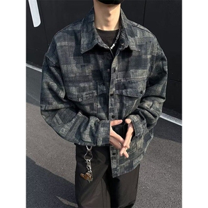 复古格纹牛仔外套男春秋季休闲翻领夹克男上衣服 JK3595图片