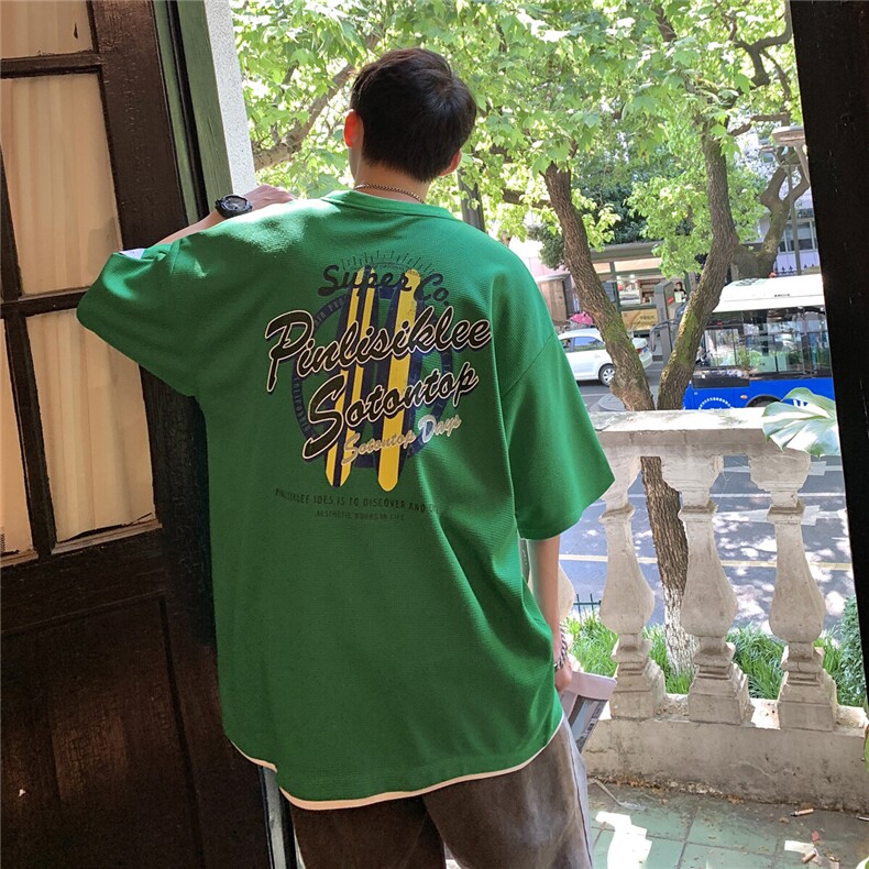 2025夏季欧美风字母印花中性假两件男士短袖T恤T850/特20，男装T恤，电商A148