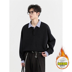 重磅加绒硬挺boxy男女美式高街假两件衬衫领长袖卫衣POLO领打底衫图片
