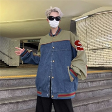 美式复古今年流行牛仔外套男女美秋季新款拼接百搭独特棒球服，男装工装外套，星座813-2