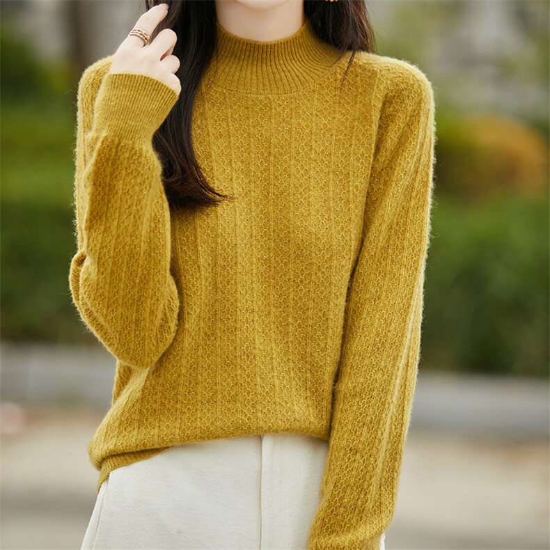 2024秋冬季新款羊毛衫女半高领宽松提花针织毛衣打底衫,女装羊毛衫,绒汀羊绒