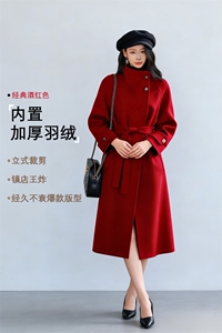 红色羽绒内胆毛呢外套女长款2025冬季新款时尚加厚赫本风呢子大衣图片