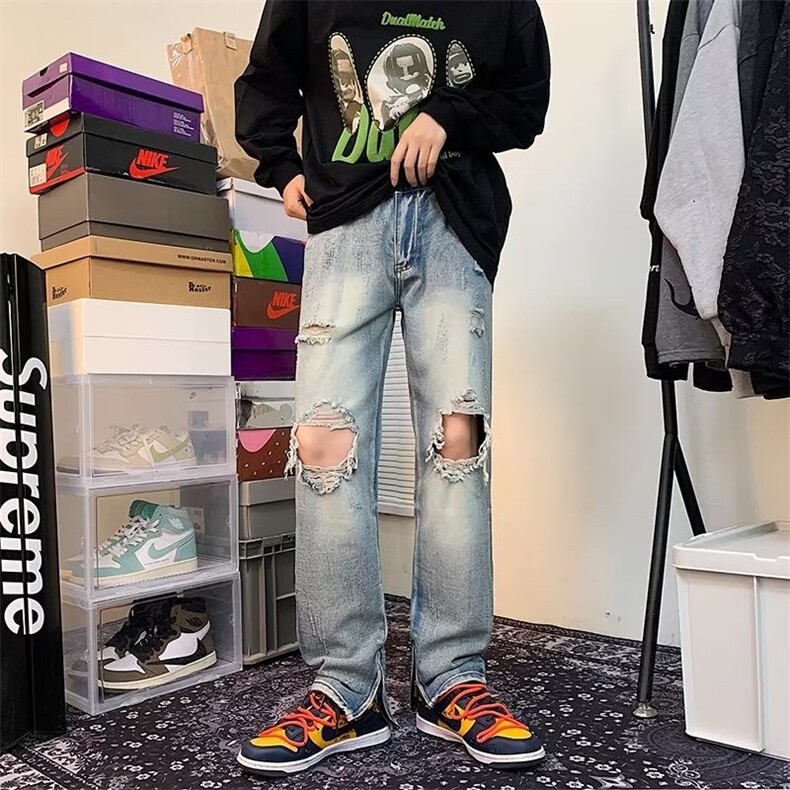 复古破洞牛仔裤男拉链设计裤子宽松直筒阔腿长裤NK525,男装牛仔裤,星座1116A-1（原606A）