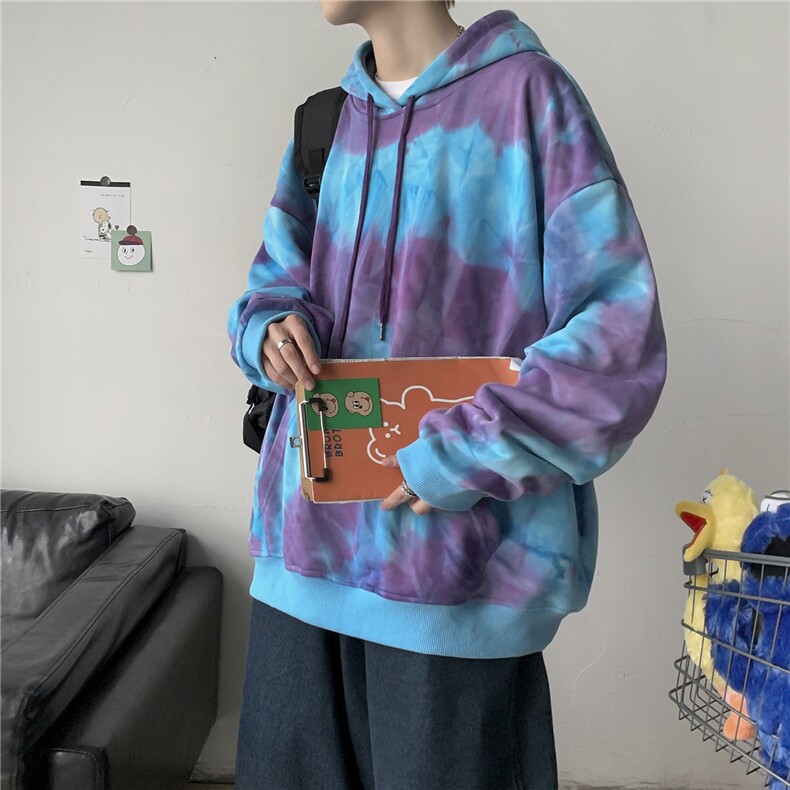 港风日系扎染连帽卫衣外套套头中性风ins潮情侣宽松休闲H205/P65,男装卫衣,钱塘713