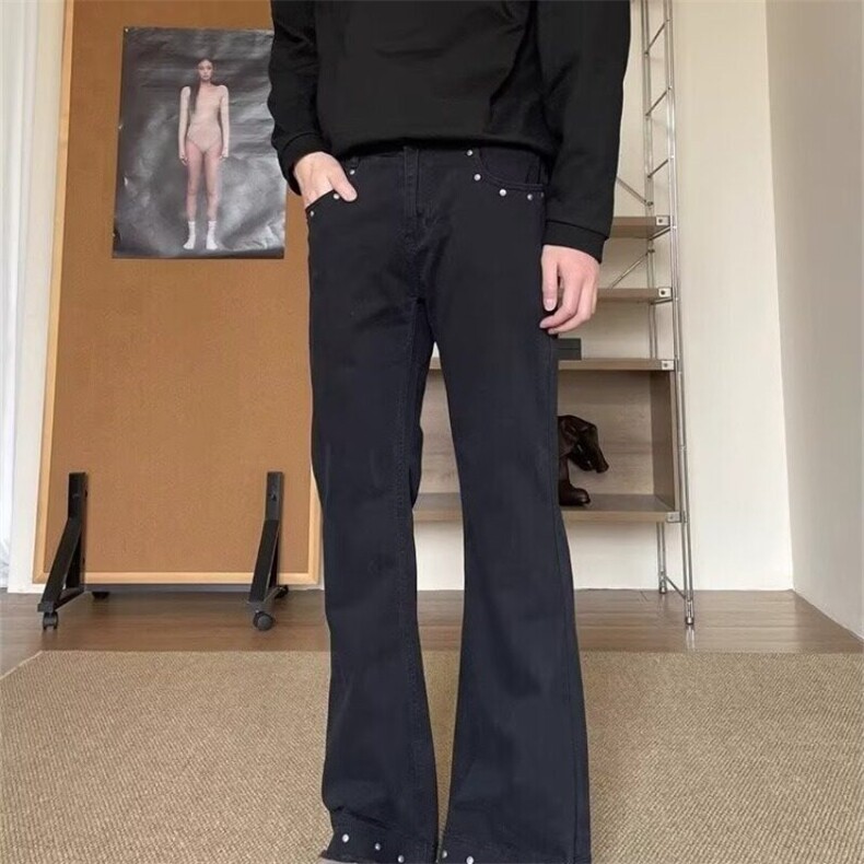 美式高街vibe铆钉微喇工装裤男cleanfit破坏休闲显瘦直筒长裤图片